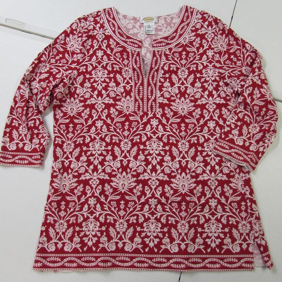 Talbots Vintage 100% Soft Cotton Red/White Floral Tunic Top XL - Picture 2 of 16